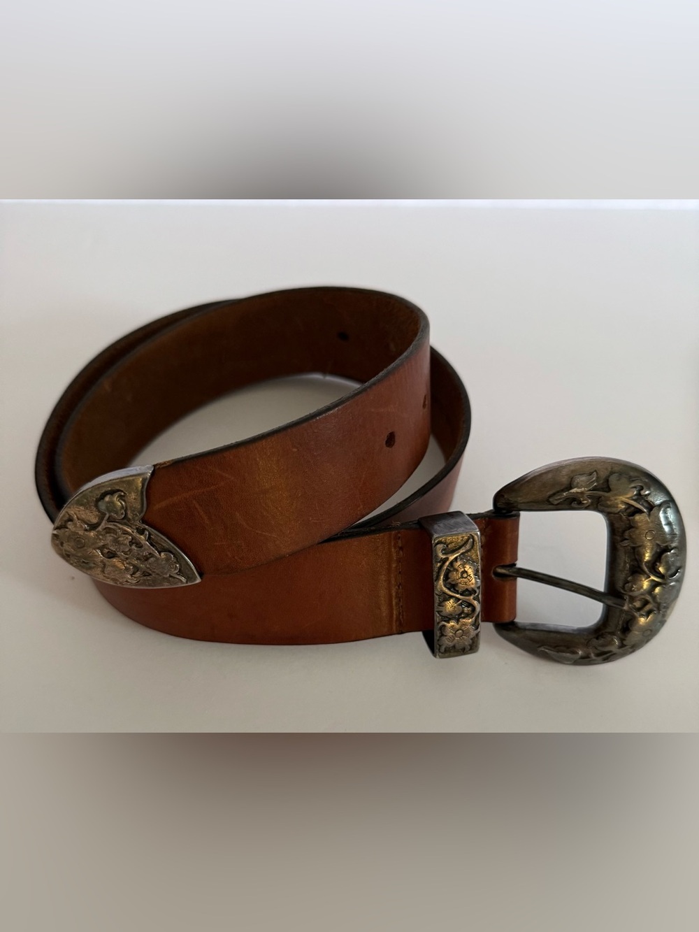 Brown Leather Western Cowboy Belt Engraved Floral Buckle Size 38